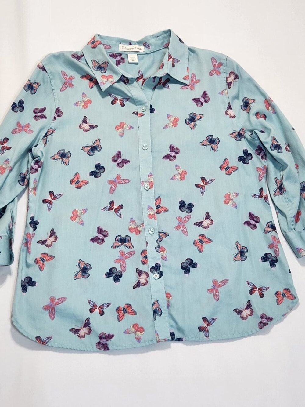 Coldwater Creek Blouse Womens Size PM Petite Medium Blue Cotton Button Up